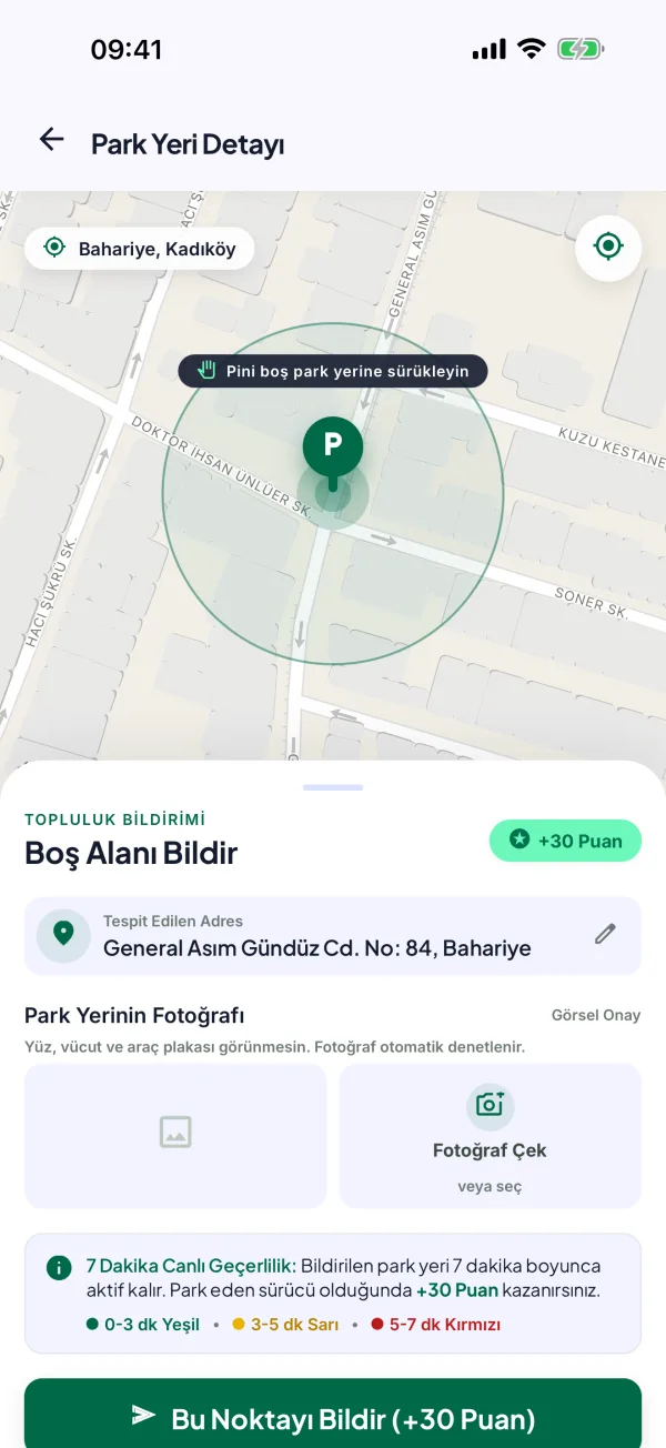 Park yeri işaretle ekranı: haritada pin, park yerinin fotoğrafı ve +30 puan bilgisi